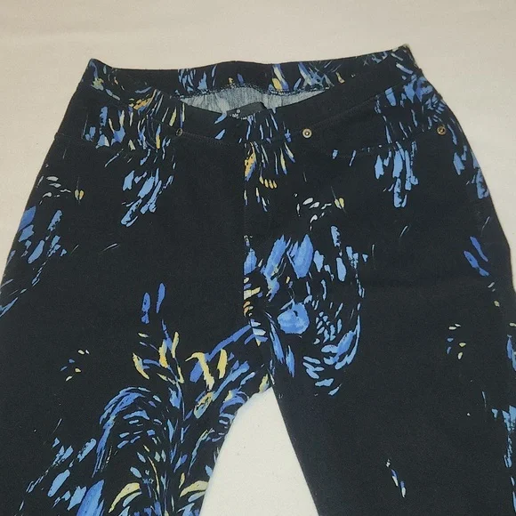 Lildy Printed Jeggings Black with Blue and Yellow Feather Print. - Picture 3 of 6